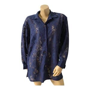 Fashion Formulas Vintage Button Front Shirt Womens M Navy Floral Lace Collared